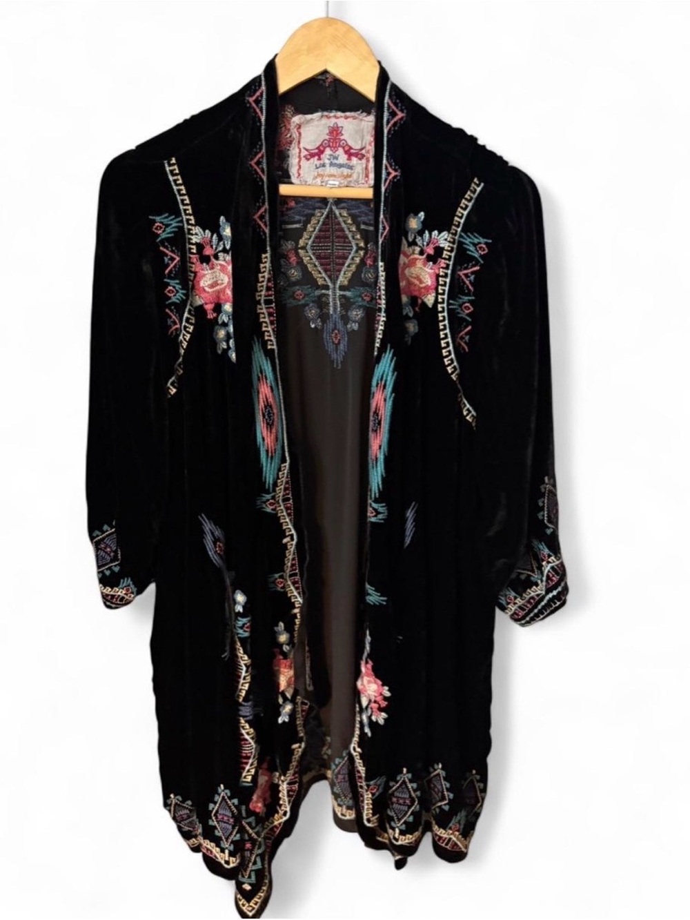 Johnny Was Black Velvet Embroidered Duster Jacket